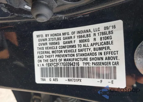 2016 Honda Civic Ex from USA, damaged, VIN 19XFC2F77GE094316